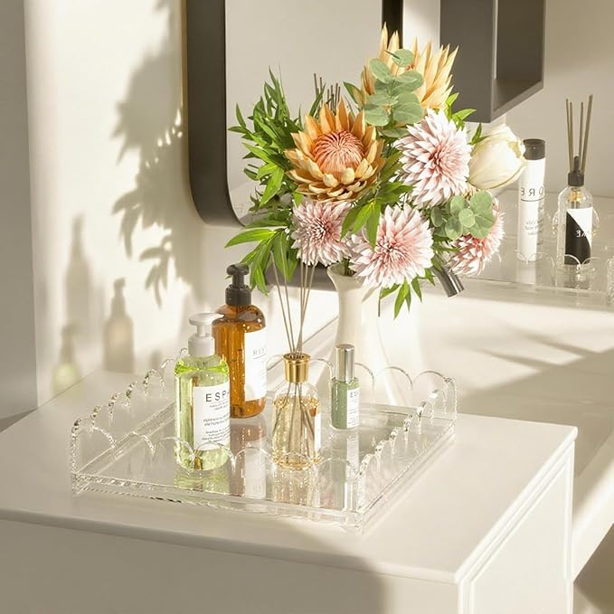 Acrylic Tray with Slide-Out Drawer,Clear Scalloped Decorative Tray for Displaying Needlepoint,Fabric,or Photos,Custom Serving Tray Organizer for Home Decor,9"x9"