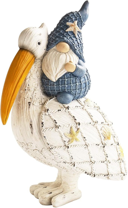 11.5in Pelican Gnome Figurine Decor, Resin Beach Coastal Statue for Home Table, Summer Theme Pool Garden Yard Ornaments Outdoor Gifts