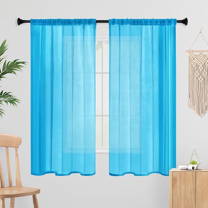 Sheer Curtains 45 Inches Long 2 Panels, Rod Pocket Short Curtain for Kitchen, Bedroom, Cafe Window(Cyan Blue 38" W x 45" L)