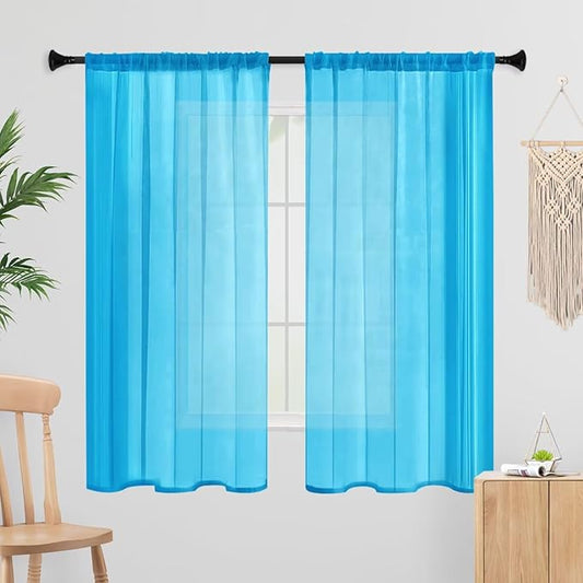 Sheer Curtains 54 Inches Long 2 Panels, Rod Pocket Short Curtain for Kitchen, Bedroom, Cafe Window(Cyan Blue 38" W x 54" L)
