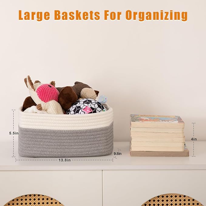 OIAHOMY 4 Pack Storage Baskets for Organizing, Small Bins for Shelves, Cute Decorative Storage Bins, Organizer Baskets for Gifts Empty, 13.8''Lx9.8''Wx5.5''H, Grey/White