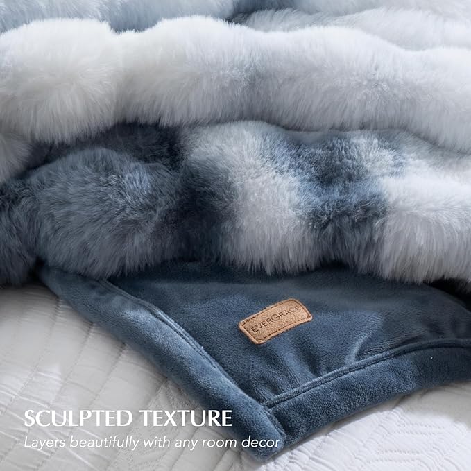 EverGrace Ultra Soft Luxury Fluffy Faux Rabbit Fur Throw Blanket, Thick Warm Bubble Throw for Bed, Cozy Plush Reversible Blankets for Couch, Chair, Sofa, Cloud Blue, 50x60 Inches