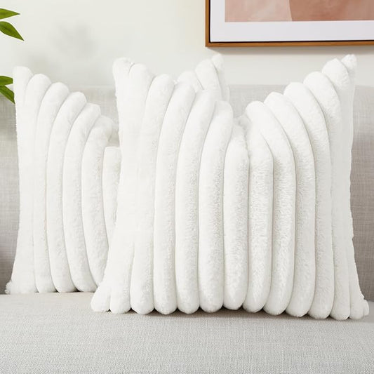 decorUhome Faux Fur Christmas Throw Pillow Covers 16x16 Set of 2, Decorative Soft Plush Striped Neutral Couch Euro Pillow Covers with Velvet Back for Sofa, Bed, Living Room Home Decor, White