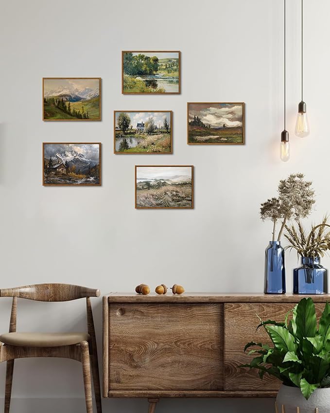 KISSFOX Vintage Landscape Canvas Wall Art Farmhouse Hills Pond Clouds Framed Wall Art Natural Countryside Paintings Artwork Rustic Art Prints For Bedroom Bathroom Living Room