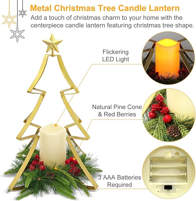 Christmas Table Centerpiece Decorations, Metal Christmas Tree Candle Holder with Battery Operated Candle Light Artificial Red Berries Pinecones Xmas Decor for Home Farmhouse Party