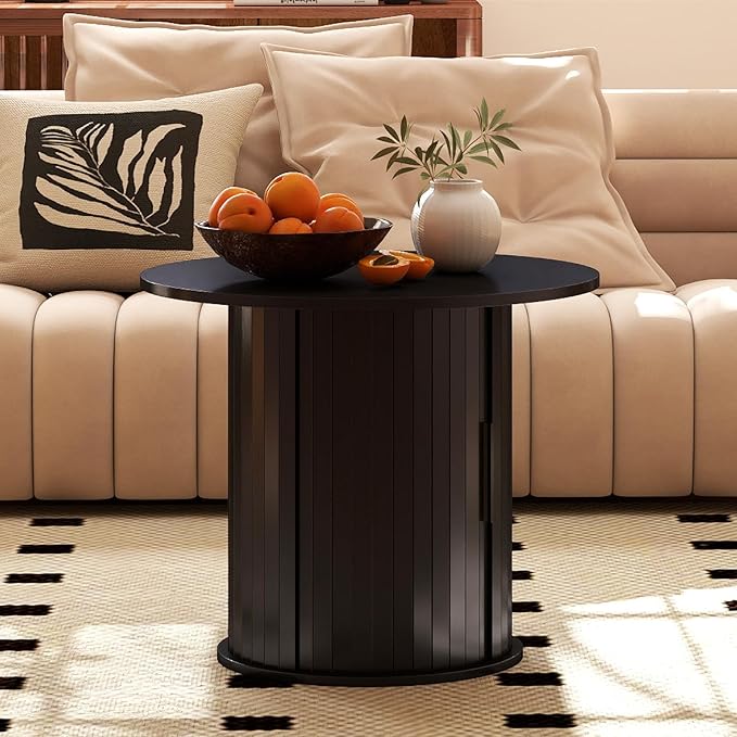 Round Wood Coffee Table 23.6IN with Hidden Storage & Sliding Door, Circle Farmhouse Side Table Sets for Living Room, Bedroom, Balcony, Small Spaces, Black