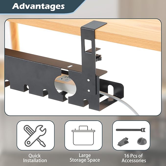 Under Desk Cable Management Tray 2 Pack Black, No Drill Cord Organizer with Clamp for Wire Management, Home & Office Accessories
