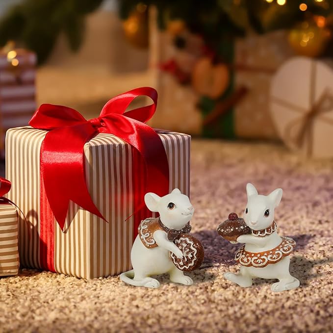 Braxio Gingerbread Decor Christmas Decorations Indoor - Set of 2 Resin Christmas Mouse with Cake and Cookie Christmas Decorations Indoor Home Decor, Off White