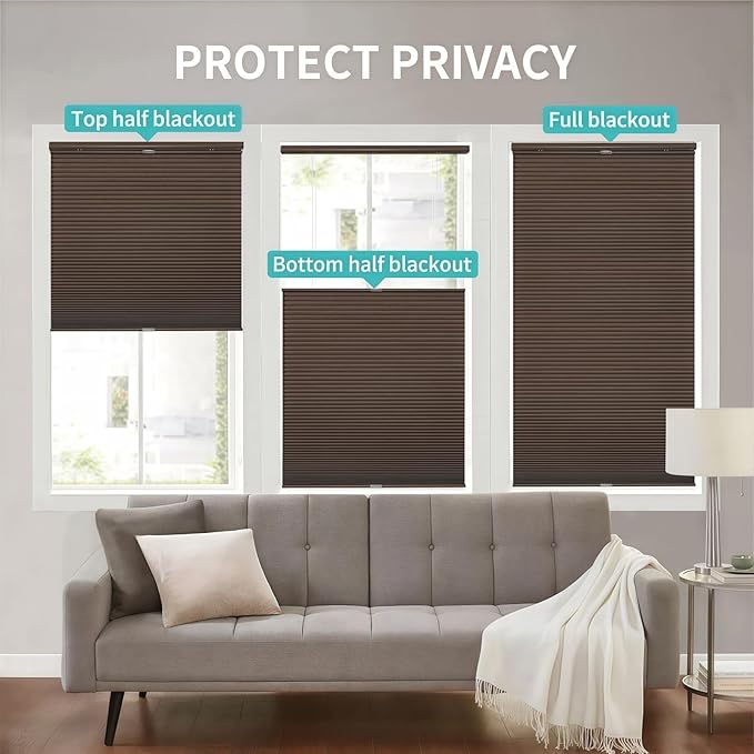 Joydeco No Tools No Drill Blinds for Indoor Windows, Cordless Window Blinds Cellular Shades Top Down Bottom Up Blackout Honeycomb Blinds Thermal Insulated Noise Reduction (Dark Brown, 46" W x 64" H)