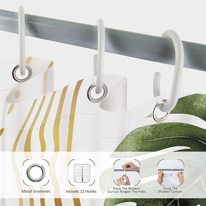 Glawry Green Gold Boho Mid Century Shower Curtain Abstract Tropical Plant Minimalist Modern Geometric Palm Leaf Arch Bathroom Simple 60Wx72L Inches Bath Accessories Art Home Decor Fabric 12 Pack Hooks