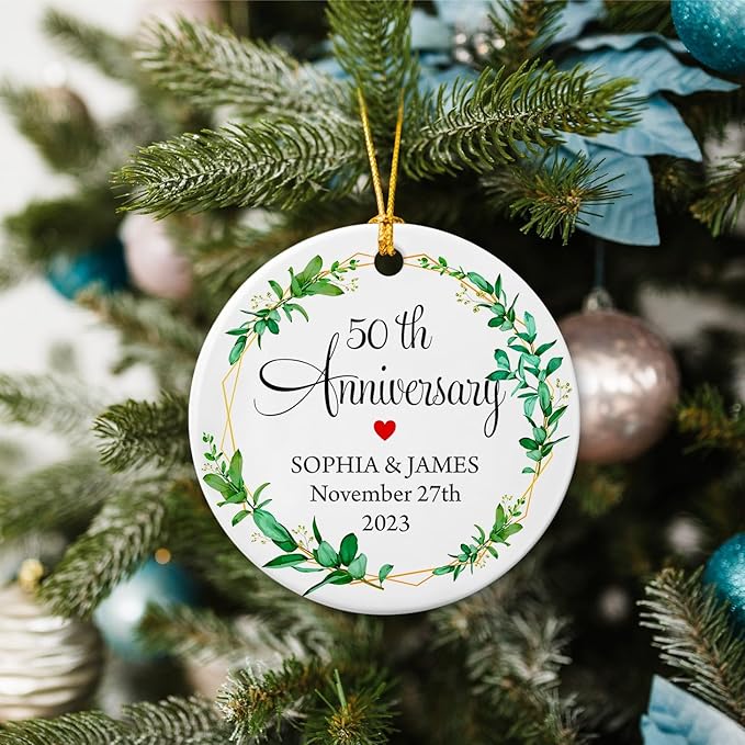 50th Wedding Anniversary Ornament, Personalized Happy Anniversary Ornament Gift for Mom Dad Grandparents, 50 Years As Mr & Mrs 2025 Xmas Ceramic Ornament, Custom Names & Years Anniversary Married