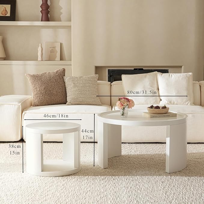 Round Nesting Coffee Table Set of 2,31.5" Large & 18" Small Low Tables with Wood Look Top,Space-Saving Side Tables for Living Room,Bedroom,Office,Minimalist Center Table Set (White, L+S)