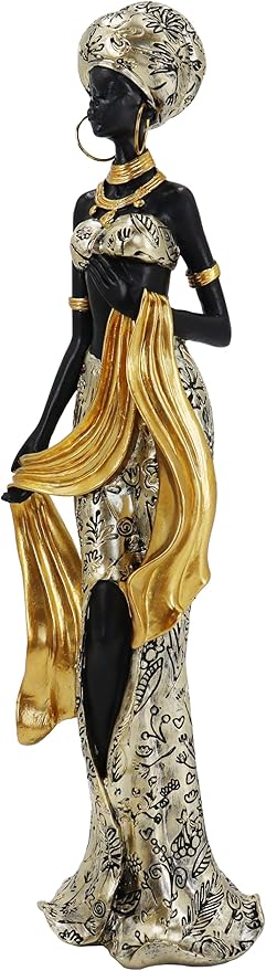 African Tribal Woman Statue with Golden Sash - Elegant Handmade Home Decor Sculpture, Vintage Aesthetic Figurine for Bookshelf & Table Display, Unique Housewarming Gifts for Women