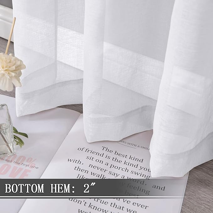 Tollpiz Sheer Curtains Bedroom Linen Textured Curtain Sheers Light Filtering Voile Rod Pocket Curtains for Living Room, 38 x 84 inches Long, White, Set of 2 Panels