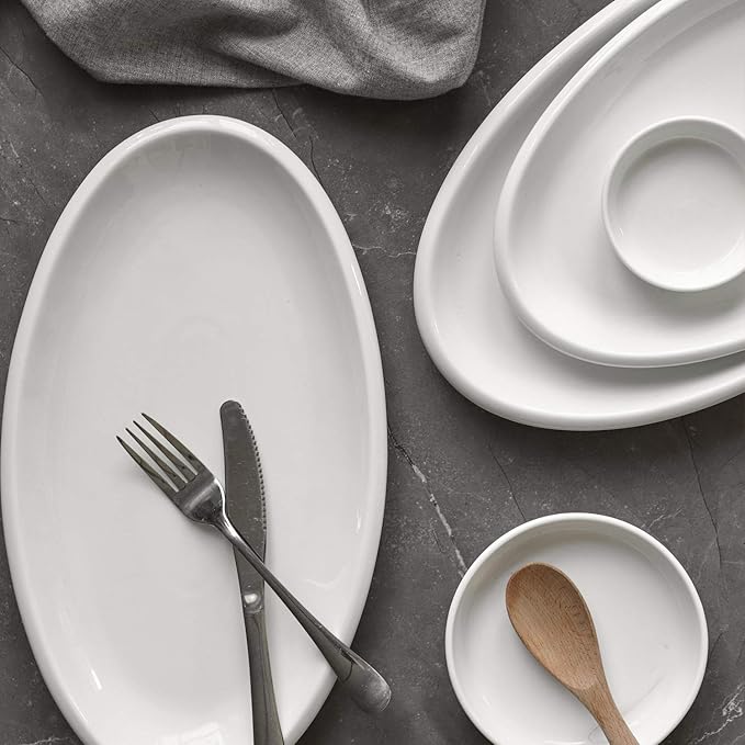 DOWAN 14" Serving Platters for Entertaining, Oval Soft White Serving Plates, Party Serving Trays and Platters Oven Safe, Porcelain Dinner Serving Tray Serving Dishes for Meat, Set of 2