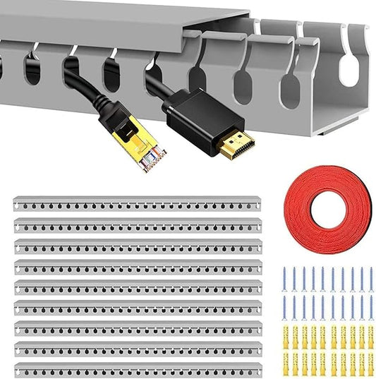 Alritz Cable Raceway Kit, 138(9x15.4) inch Open Slot Wiring Raceway Duct with Cover Cable Management System to Hide Under Desk/TV/Computer/Power Cords - 15.4 X 1.6 X 0.8 Inch(LWH) (Pack 9)