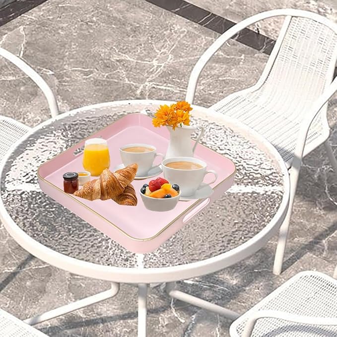 Serving Tray with Gold Trimming, Square Decorative Serving Trays with Handles, Coffee Table Tray Plastic Tray for Ottoman Living Room, Bathroom,Home Decor 13" L x 13" W x 1.57" H(Pink)