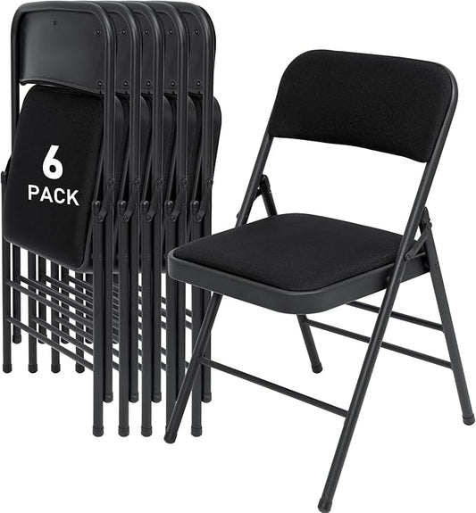 SEALAMB 6 Pack Fabric Folding Chairs with Padded Seats & Cushion, Metal Foldable Chairs for Wedding Party, Commercial Chairs for Office School Church Events, 350lb Capacity (Black-Fabric, 6 Pack)