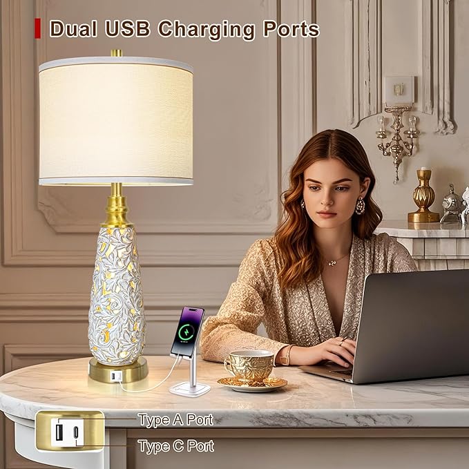 29" Ceramic Table Lamps Set of 2 with Night Light - Lamps for Nightstand,Bedside Lamps with USB Ports,Nightstand Lamps,Modern Table Lamps with White Linen Shade for Living Room,Bedroom(Bulb Included)