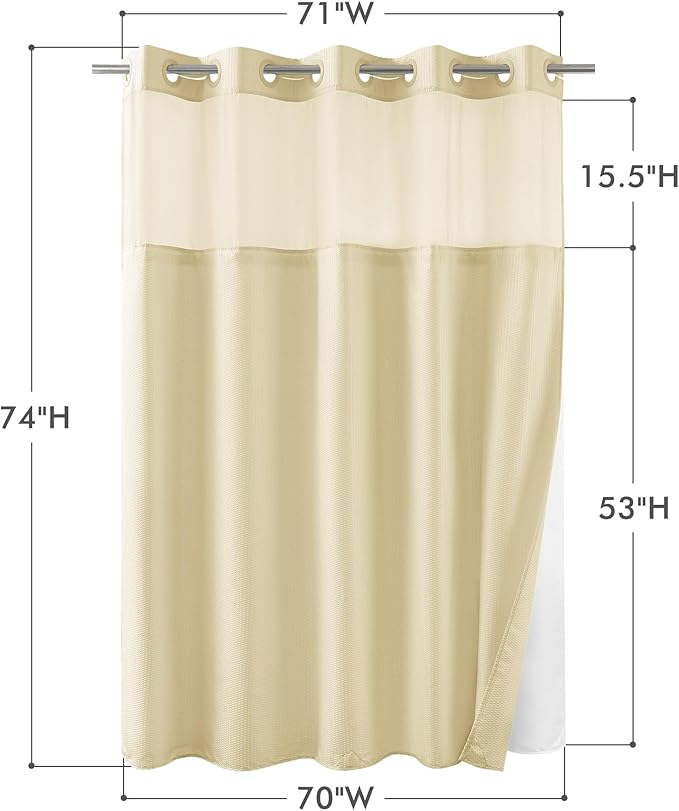 Mrs Awesome No Hook Shower Curtain with Snap-in Liner Less Time On/Off, Embossed Waffle-Look Textured Fabric Shower Curtain for Bathroom, Soft & Lightweight, 71x74, Beige