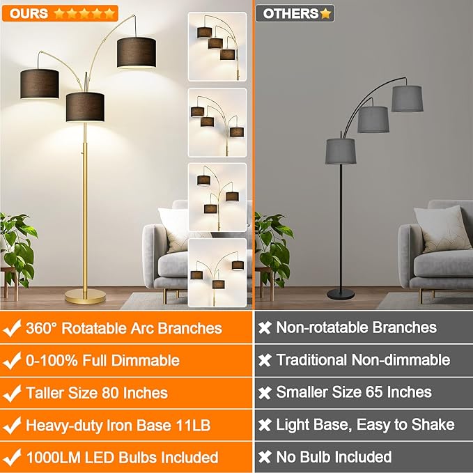 Dimmable Floor Lamp - 3 Lights Gold Arc Floor Lamps for Living Room, 1000LM Modern Tall Standing Lamp With Black Shades&Heavy Base, Mid Century Tree Floor Lamp for Bedroom Office, 3 LED Bulbs Included
