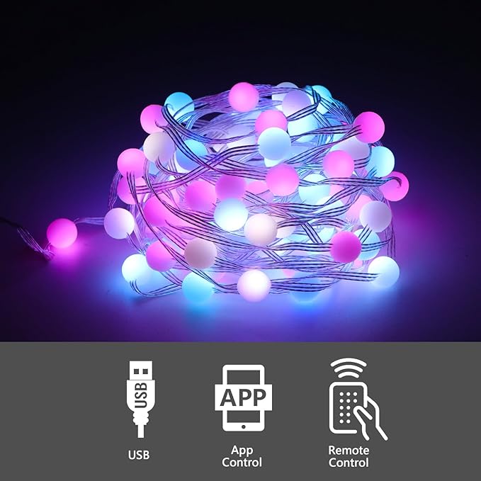 Vigdur 33FT RGB Globe String Lights, 100 Balls DIY Color Changing Fairy Lights USB Powered with Remote & APP Control, Music Sync, Christmas Twinkle Light for Bedroom Party Xmas Tree