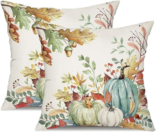 DFXSZ Fall Pillow Covers 16x16 inch Set of 2 Green Watercolor Pumpkin Fallen Leaves Decorative Throw Pillow Covers Autumn Thanksgiving Farmhouse Decoration for Home Couch TH27-F16