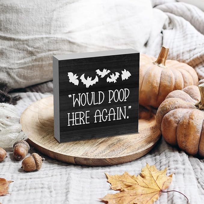 HTBIG Halloween Funny Bathroom Wooden Box Bat Decor Would Poop Here Again Humorous Restroom Decor Place it on a Bathroom Corner Shelf to Create a More Cheerful Ambiance 5 x 5 Inch