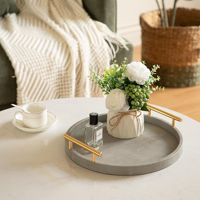 Leather Serving Tray, Set of 2 Round Shagreen Tray with Gold Polished Metal Handles, Decorative Trays Coffee Table Ottoman Trays for Living Room Bathroom Vanity Home Decor (Gray)