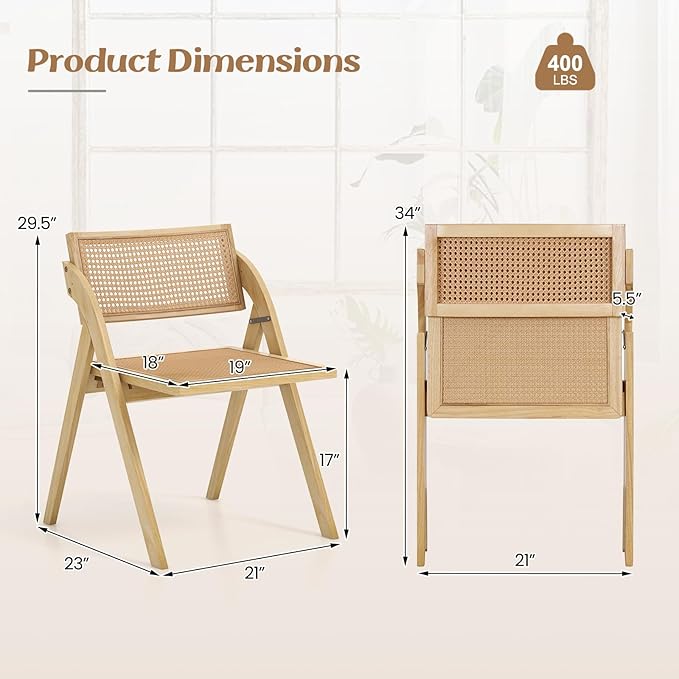 Giantex Folding Dining Chairs Set of 4, Wooden Folding Chair with Rattan Backrest & Seat, Sturdy Rubber Wood Frame, Armless Accent Chairs for Living Room, Kitchen Wedding Party, No Assembly, Natural