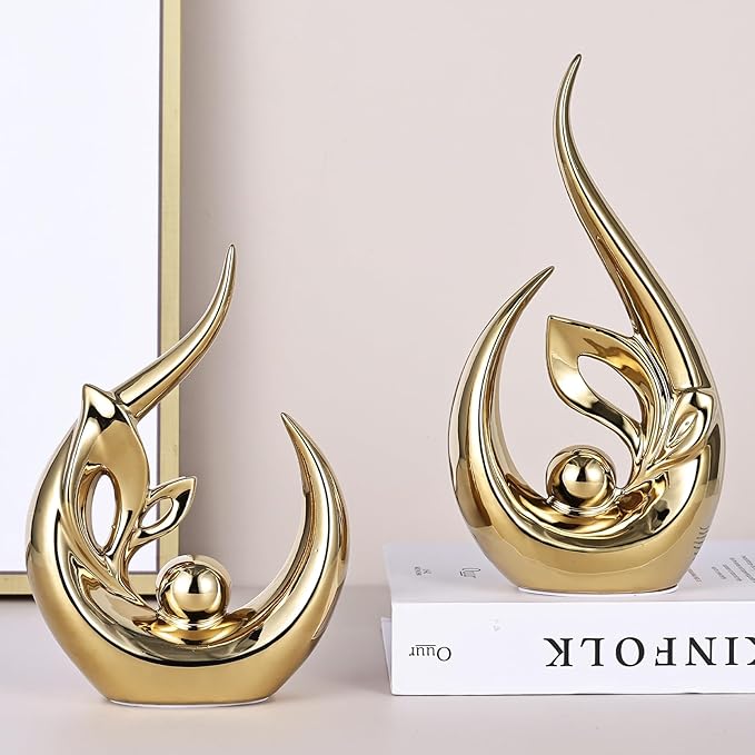 9.4" H Bright Gold Abstract Sculptures Home Decor, Ceramic Art Statue Cool Stuff to Put on Shelves&tv Stand Decor, Gold Accent Entertainment Center, for Fireplace Coffee Table Dining Table Decorate