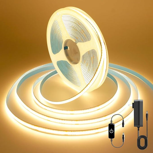 COB LED Strip, 16.4ft Warm White COB LED Strip Light, Dimmable LED Light Strip 2700K, CRI92+, 8mm Width, 24V Flexible LED Tape Light for TV, Bedroom, Kitchen Cabinet, Closet, Home Decoration.