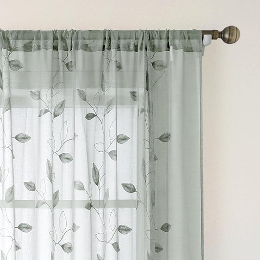 HOMEIDEAS Sage Green Sheer Curtains 52 X 96 Inches Long 2 Panels Embroidered Leaf Pattern Pocket Faux Linen Floral Semi Sheer Voile Window Curtains/Drapes for Bedroom Living Room