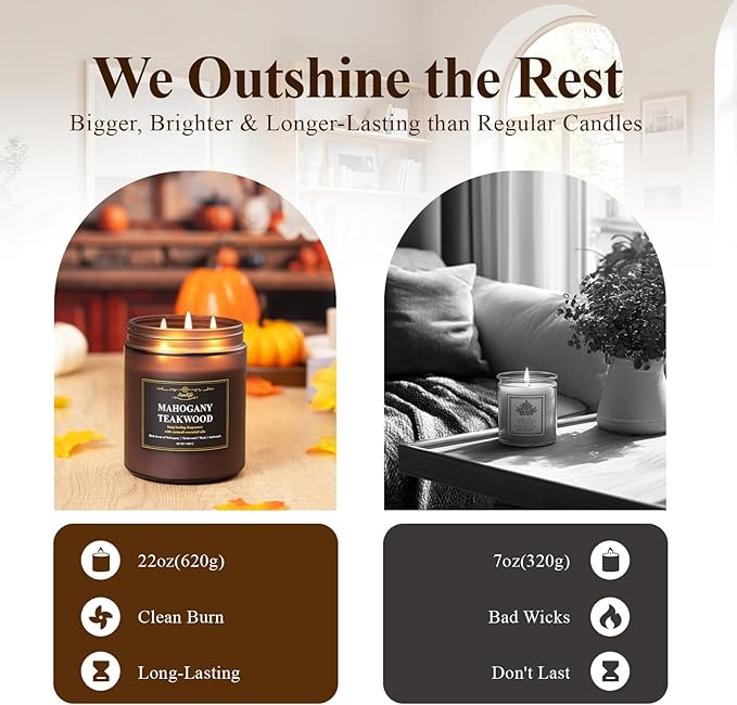 Auelife Mahogany Teakwood Scented Candle – 22oz Large 3 Wick Soy Candles, Masculine Woodsy Aromatherapy Candles, Relaxing Mahogany Candle for Home, Gift for Men & Women