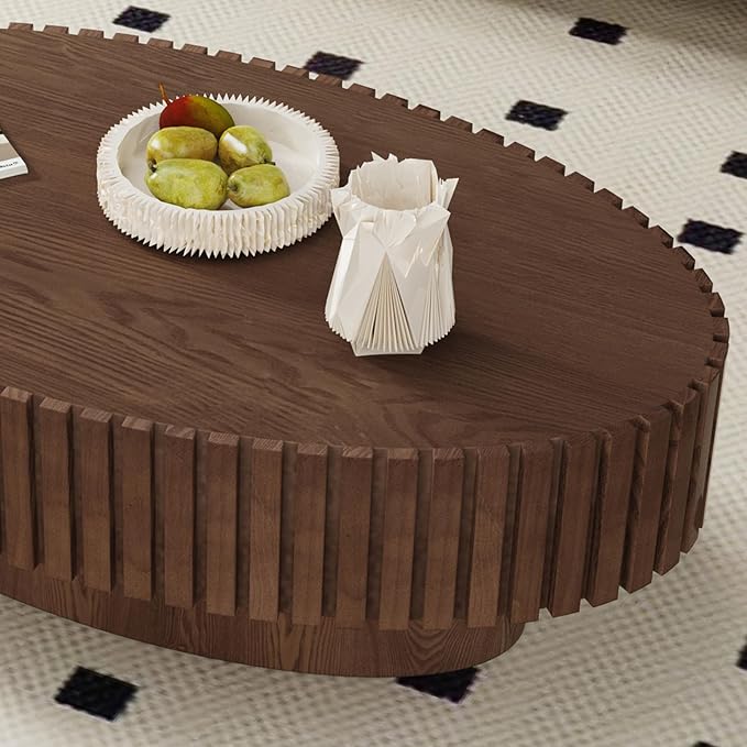Modern Wood Oval Coffee Table - Handcraft Drum Coffee Tables with Sturdy Base, Easy Assembly, Contemporary Style Small Coffee Table Tea Table for Living Room, Bedroom, Office (Brown Oval)