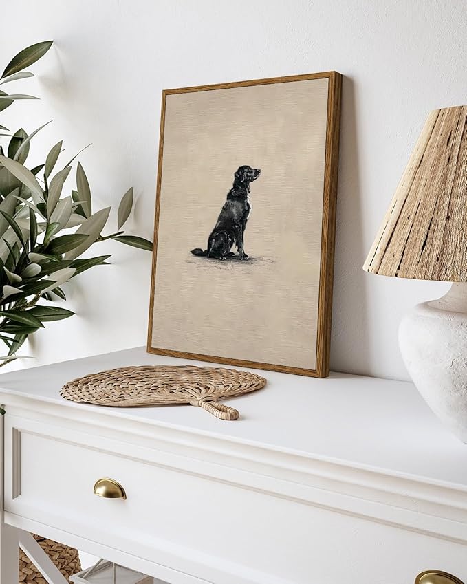 VIYYIEA Vintage Framed Black Dog Wall Art, Bedroom Living Room Minimalist Animal Art Decor, Antique Dog Canvas Print Paintings, Home Farmhouse Retro Still Life Decor, 12x16 Inch