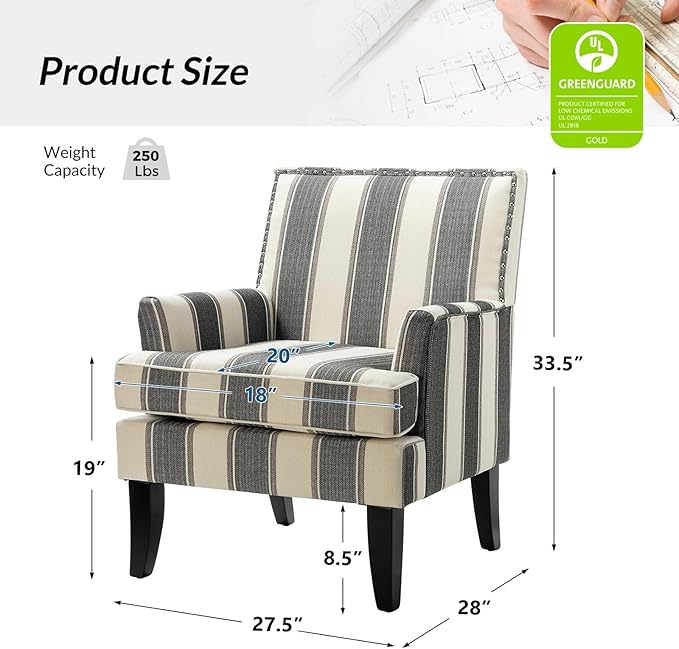 HULALA HOME Living Room Armchair Farmhouse Striped Accent Reading Chair with Wooden Legs & High Back Rest & Padded Armrest & Nail Head Trim for Lounge/Bedroom, Striped Black