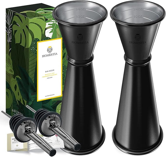 Homestia 2 Pack Japanese Jigger for Bartending, Double Cocktail Measuring Cup 304 Stainless Steel Jigger 2 oz 1 oz w/Measurements Inside for Bartenders, Bar Supplies (Black)