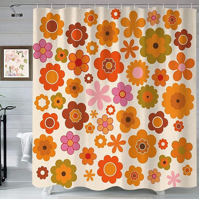 Retro Flowers Shower Curtain, Groovy Brown Orange Sun Flower Vintage 70s Fabric Shower Curtains Set for Bathroom Funky Hippie 1970 Boho Yellow Floral Decoration with Hooks 72 X 78 inch Bath Decor