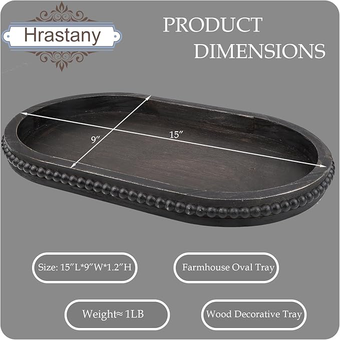 Vintage Black Oval Wood Decorative Ottoman Tray for Coffee Table Kitchen Counter, Living Room, Handcrafted Wooden Serving Tray for Table Centerpiece