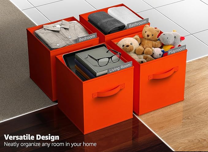 Sorbus Foldable Storage Cubes - 6 Fabric Baskets for Organizing Pantry, Shelf, Toy Box, Cubby, Closet - 11 Inch Collapsible Closet Organizers and Storage Bins with Handle (Orange)