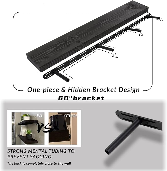 60 inch Black Floating Shelves for Wall 8 -inch deep Set of 2, Heavy Duty Solid Wood Wall Mounted Shelves for Living Room Kitchen with Thickened Hidden Bracket