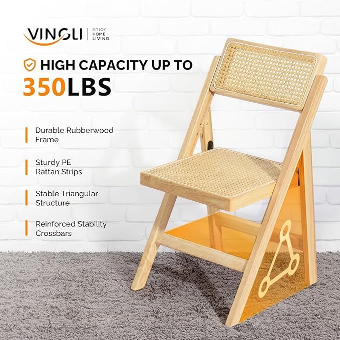 VINGLI 4 Pack Rattan Dining Chair, Wood Folding Chair with 360° Swivel Backrest, Rubberwood Frame and Rattan Woven Seat and Back, Natural Color, Set of 4