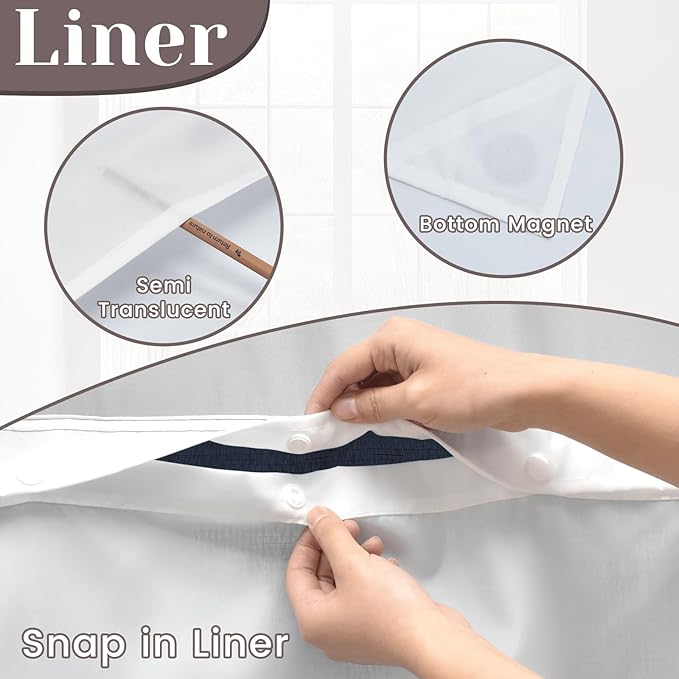 No Hook Slub Textured Shower Curtain with Snap in Liner - Navy Fabric Outer Curtain & Waterproof Inner Liner, Hotel Style with See Through Top Window, 71x80 in