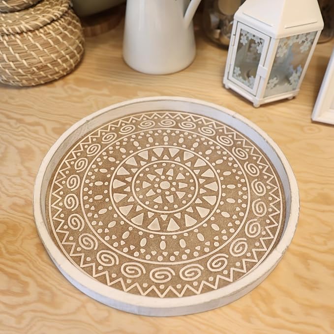 Boho Round Wooden Decorative Tray, White Farmhouse Candles Tray for Home Decor, A Pattern