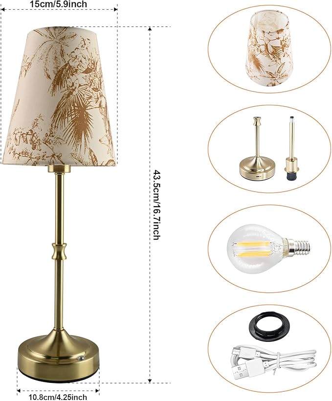 Cordless Table Lamp,5200mAh Rechargeable Battery Operated Lamp,3-Level Brightness Dimmable, Mid Century Modern Metal Ambient Lamps, Vintage Gold Lamps for Bedside, Retro Farmhouse Lamp