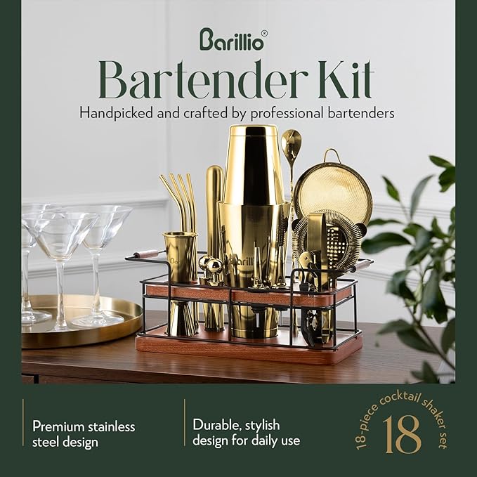 Barillio Gold Bartender Kit – 23-Piece Stainless-Steel Cocktail Shaker Set with Premium African Mahogany Stand | Martini Barware Mixing Tools for Home Bartending | Gift Set