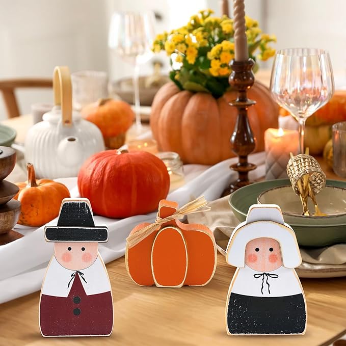 3 Pcs Fall Thanksgiving Decorations Wooden Pumpkin Pilgrim Couple Table Sign Harvest Standing Tabletop Signs for Thanksgiving Fall Home Indoor Decor