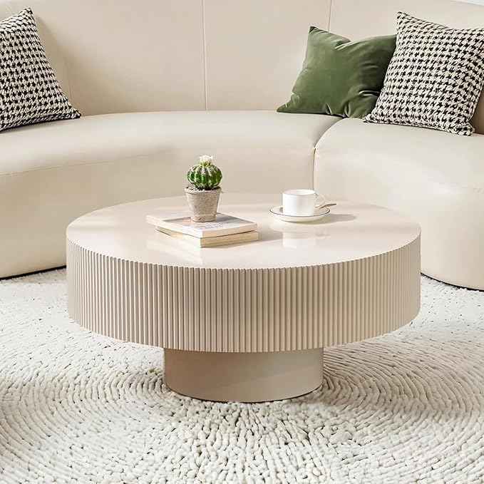 Modern Wood Round Coffee Table - Handcraft Drum Coffee Tables with Sturdy Base, Easy Assembly, Contemporary Style Small Coffee Table Tea Table for Living Room, Bedroom, Office (White Thick)