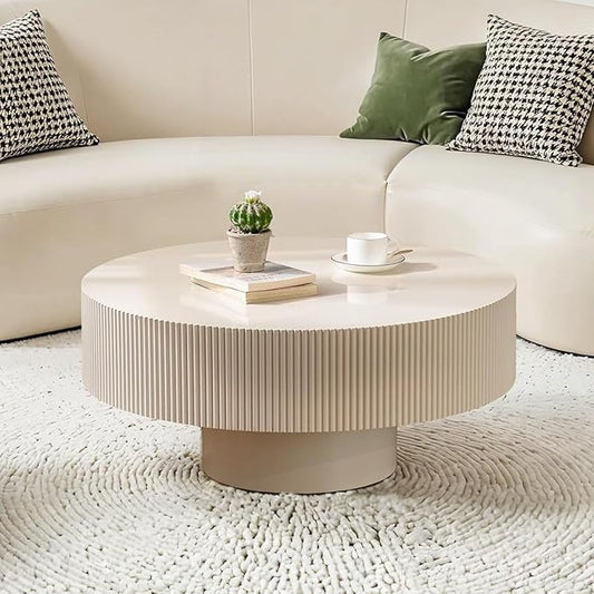 Modern Wood Round Coffee Table - Handcraft Drum Coffee Tables with Sturdy Base, Easy Assembly, Contemporary Style Small Coffee Table Tea Table for Living Room, Bedroom, Office (White Thick)